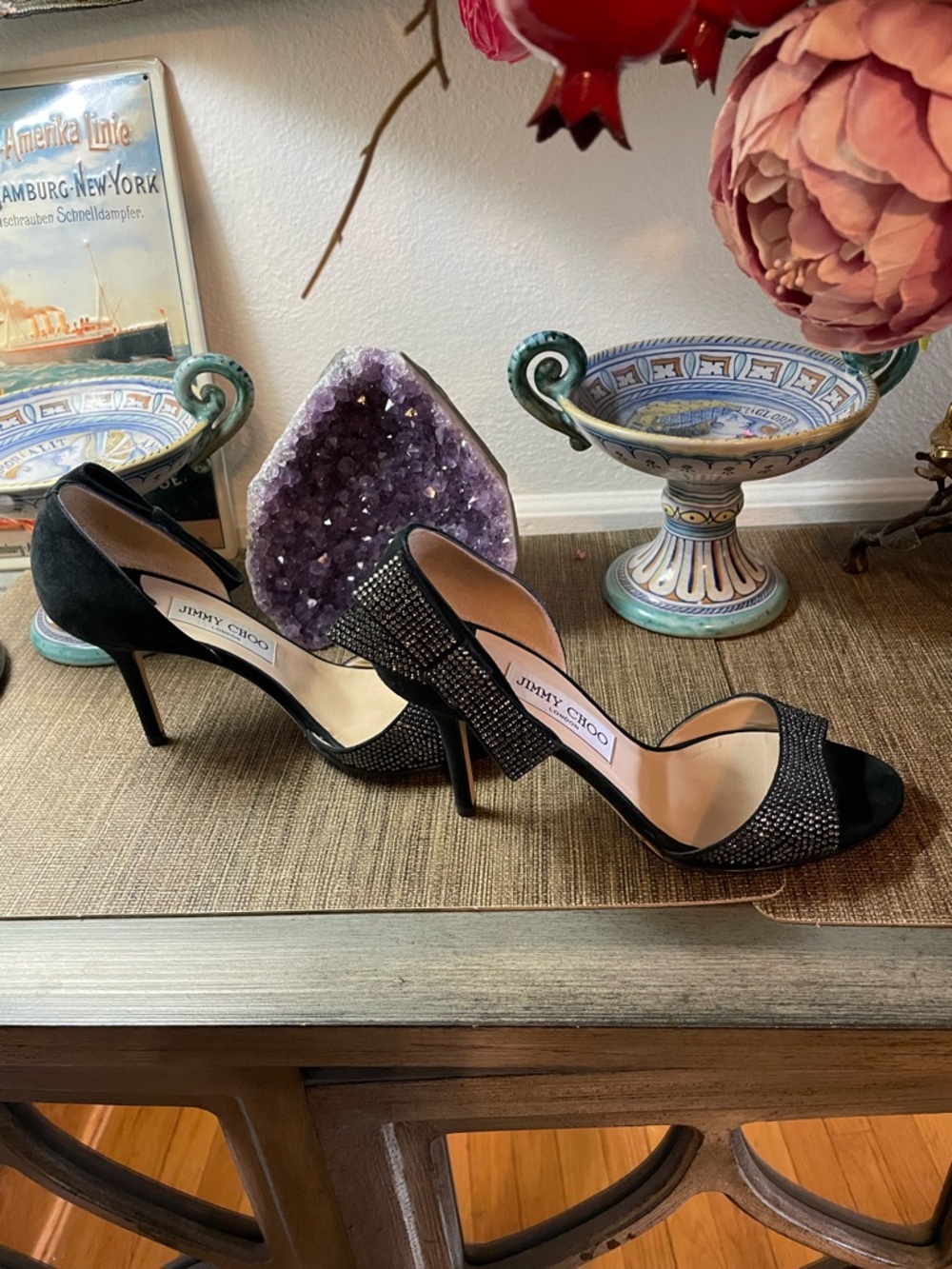 Jimmy Choo Black Crystal D'Orsay Open-Toe Heels